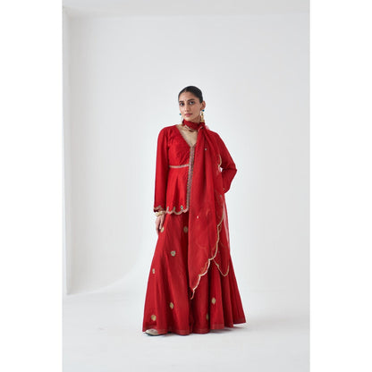 Janki India Maroon Silk Dupion Embroidered Peplum Kurti with Sharara and Dupatta (Set of 3)