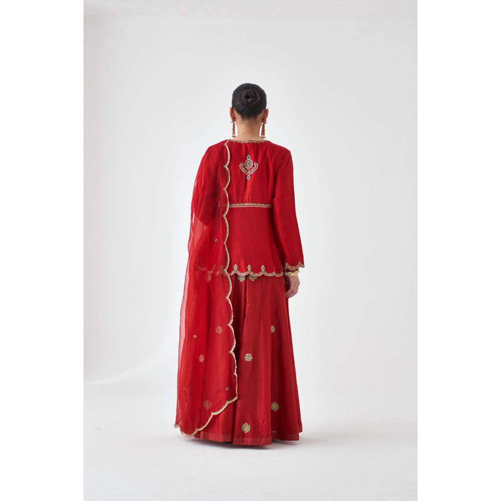 Janki India Maroon Silk Dupion Embroidered Peplum Kurti with Sharara and Dupatta (Set of 3)