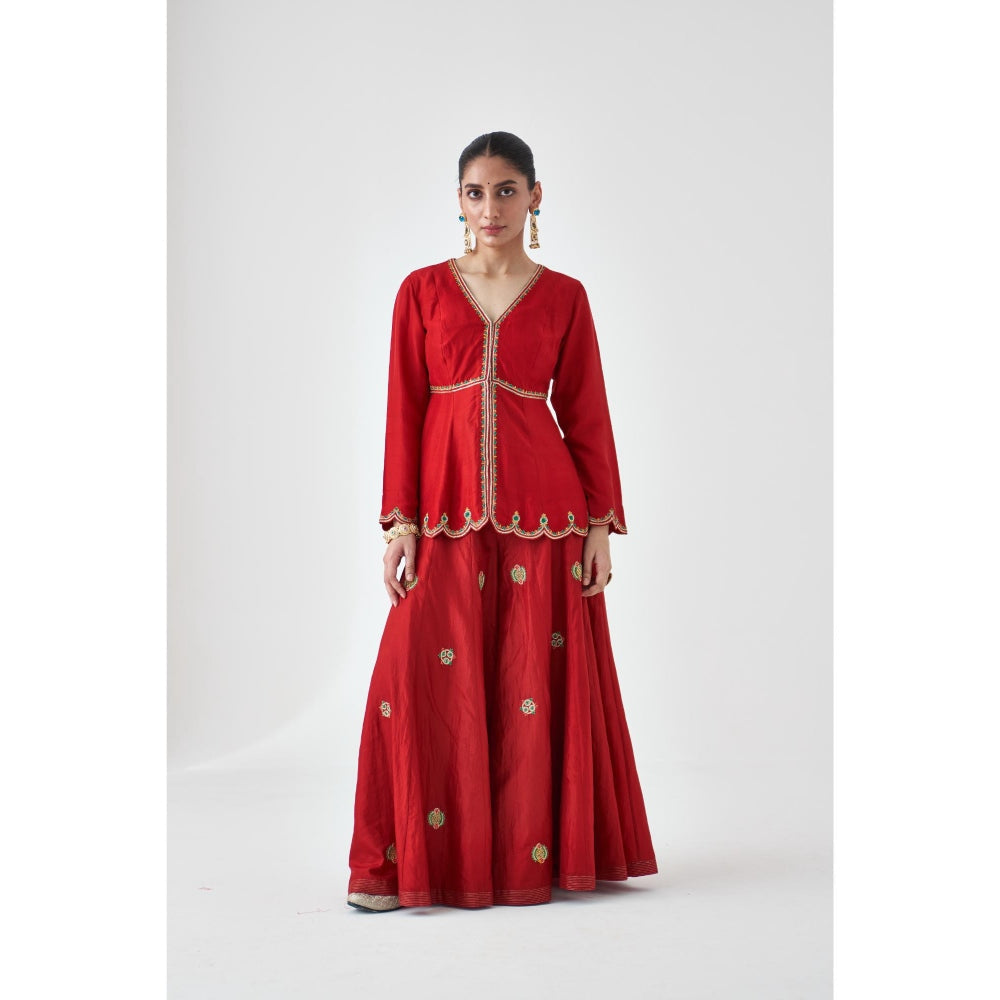 Janki India Maroon Silk Dupion Embroidered Peplum Kurti with Sharara and Dupatta (Set of 3)