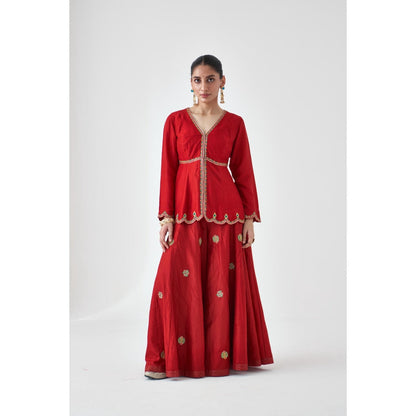 Janki India Maroon Silk Dupion Embroidered Peplum Kurti with Sharara and Dupatta (Set of 3)