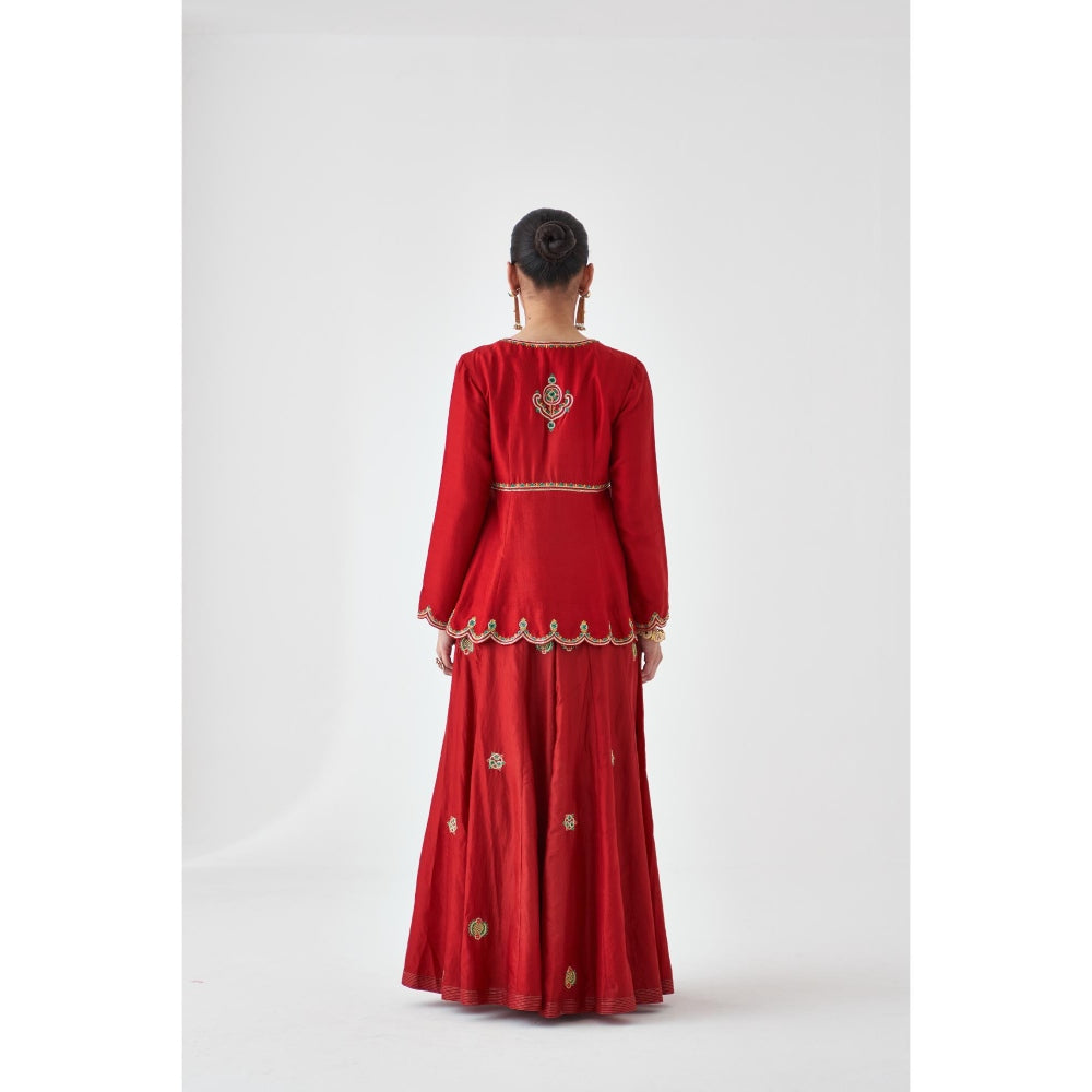 Janki India Maroon Silk Dupion Embroidered Peplum Kurti with Sharara and Dupatta (Set of 3)
