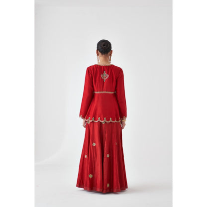 Janki India Maroon Silk Dupion Embroidered Peplum Kurti with Sharara and Dupatta (Set of 3)
