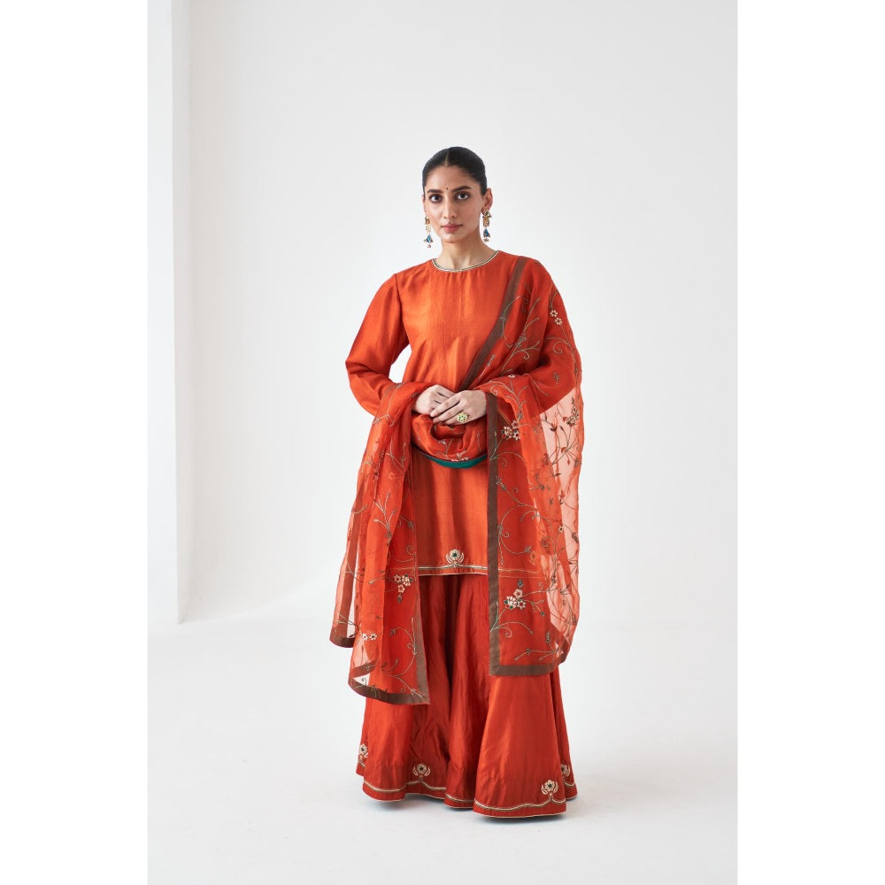Janki India Rust Embroidered Dupion Silk Short Kurta with Sharara (Set of 2)