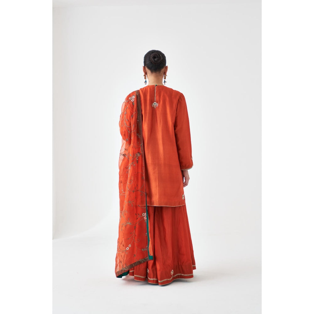 Janki India Rust Embroidered Dupion Silk Short Kurta with Sharara (Set of 2)