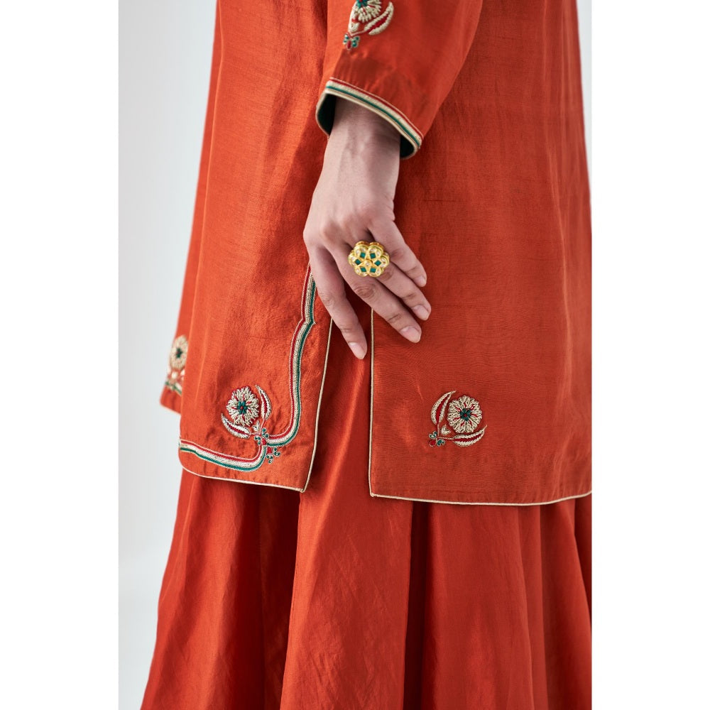 Janki India Rust Embroidered Dupion Silk Short Kurta with Sharara (Set of 2)