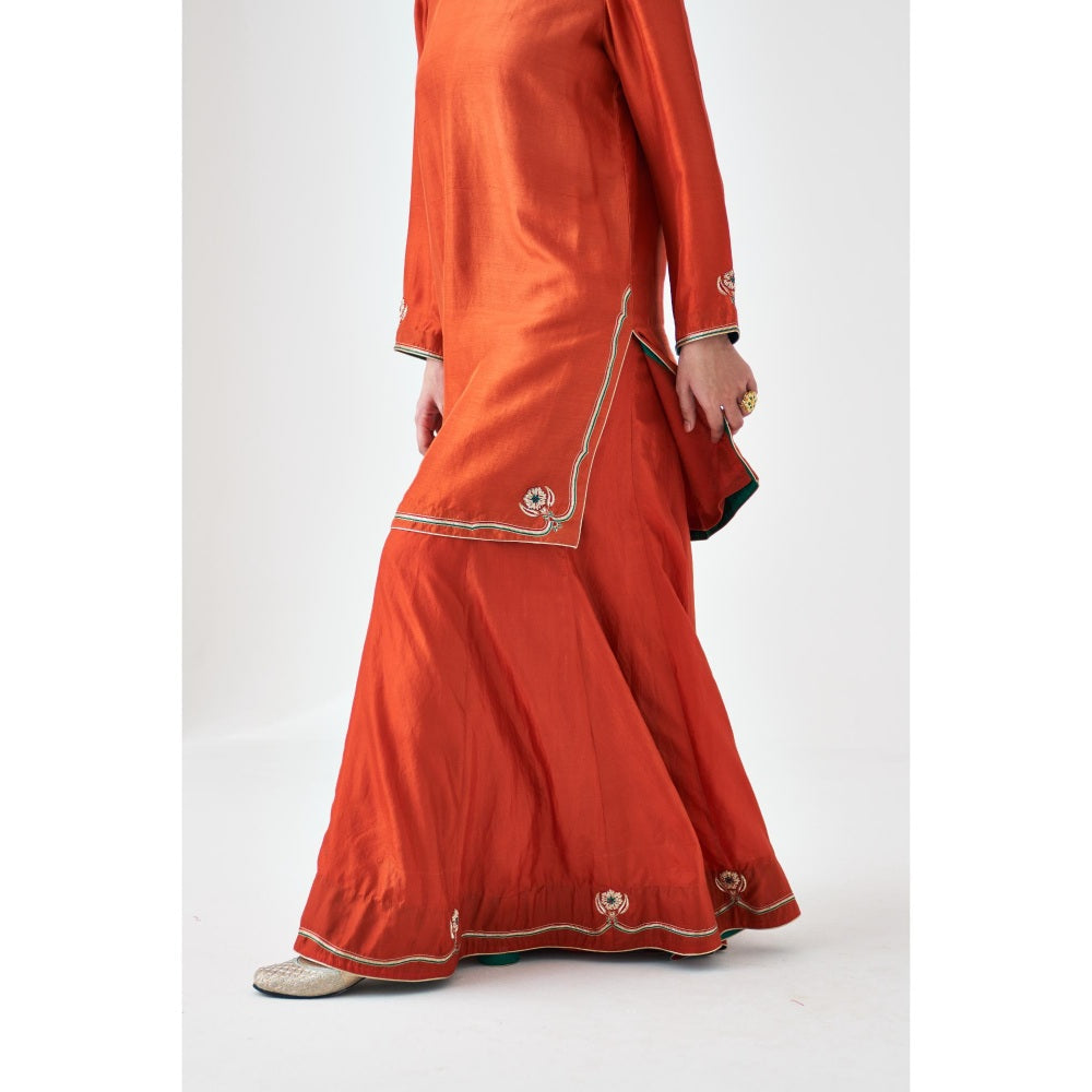 Janki India Rust Embroidered Dupion Silk Short Kurta with Sharara (Set of 2)