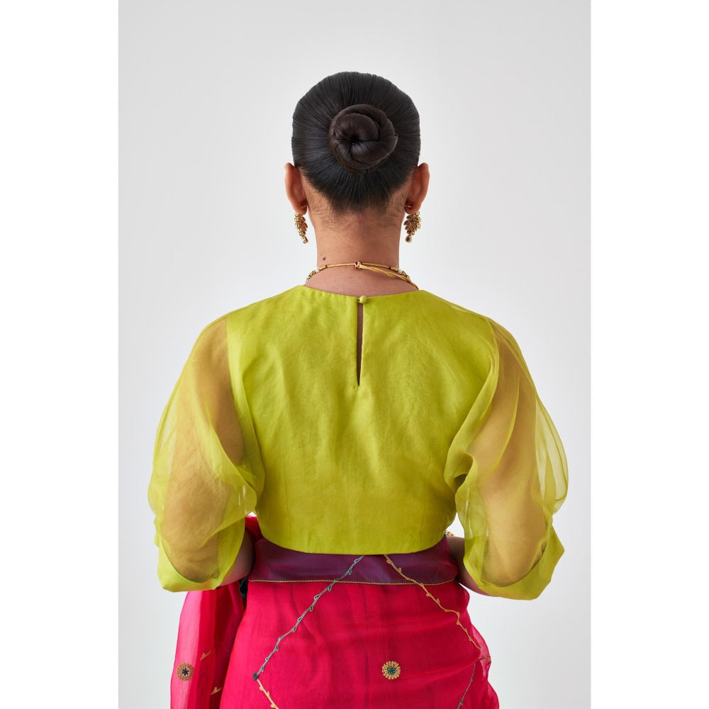 Janki India Lemon Green Organza Solid Stitched Blouse