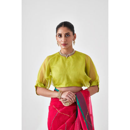 Janki India Lemon Green Organza Solid Stitched Blouse