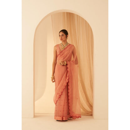 Janki India Women Peach Organza Embroidered Saree with Peticoat without Blouse