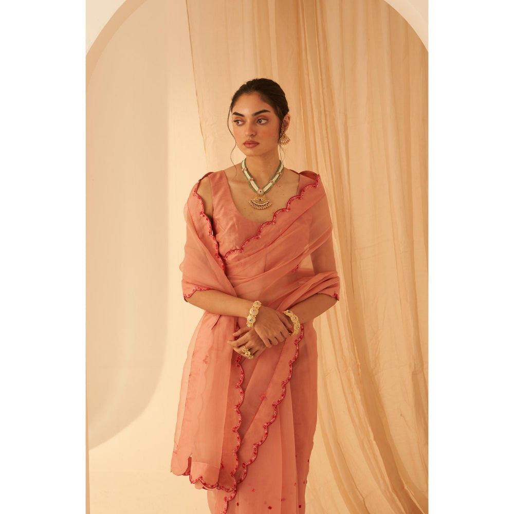 Janki India Women Peach Organza Embroidered Saree with Peticoat without Blouse
