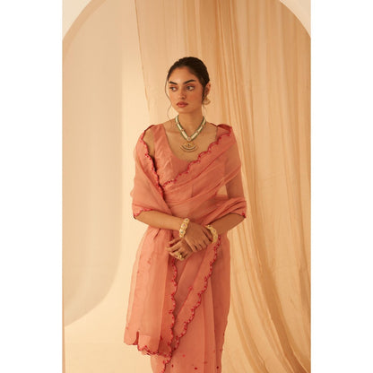 Janki India Women Peach Organza Embroidered Saree with Peticoat without Blouse