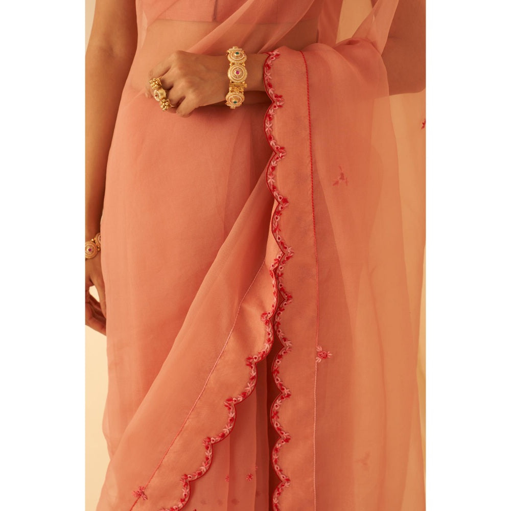 Janki India Women Peach Organza Embroidered Saree with Peticoat without Blouse