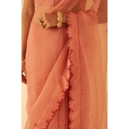 Janki India Women Peach Organza Embroidered Saree with Peticoat without Blouse