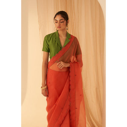 Janki India Women Rust Organza Embroidered Saree with Peticoat without Blouse