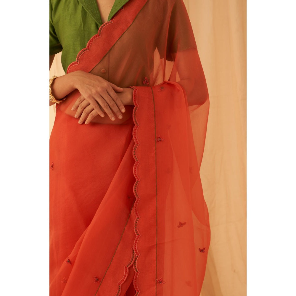 Janki India Women Rust Organza Embroidered Saree with Peticoat without Blouse