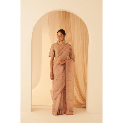 Janki India Women Gold Organza Embroidered Saree with Peticoat without Blouse