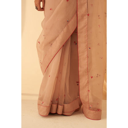Janki India Women Gold Organza Embroidered Saree with Peticoat without Blouse