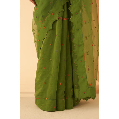 Janki India Women Green Organza Embroidered Saree with Peticoat without Blouse