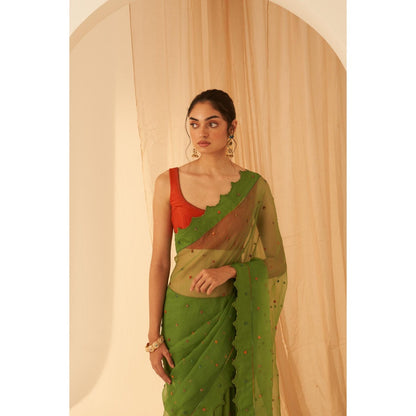 Janki India Women Green Organza Embroidered Saree with Peticoat without Blouse