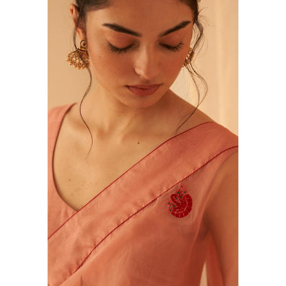 Janki India Women Peach Organza Embroidered Saree with Peticoat without Blouse