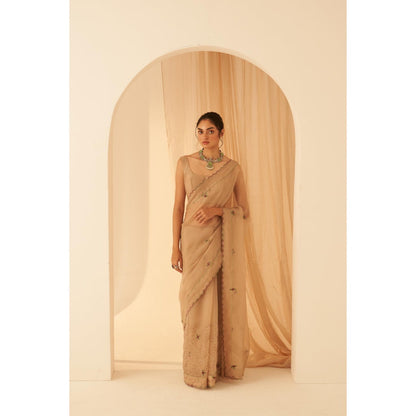 Janki India Women Beige Organza Embroidered Saree with Peticoat without Blouse