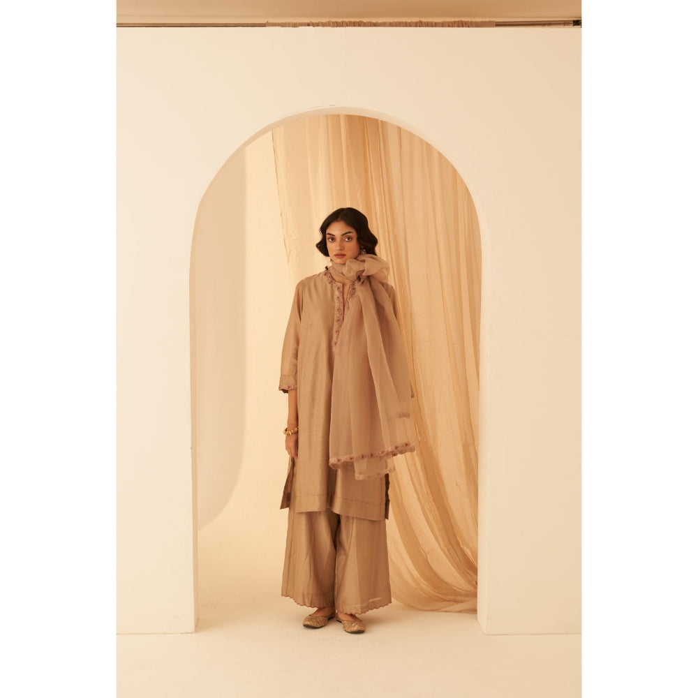 Janki India Graceful Champagne Chanderi Kurta with Palazzo and Dupatta (Set of 3)