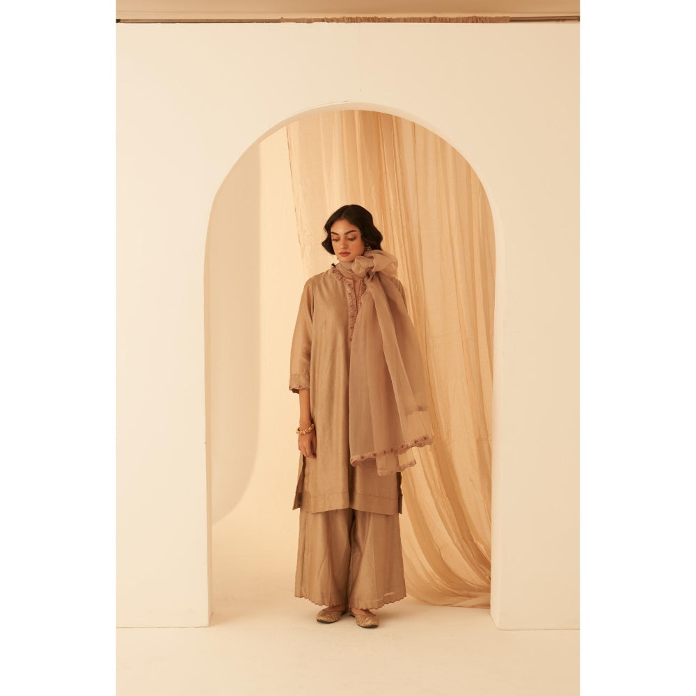 Janki India Graceful Champagne Chanderi Kurta with Palazzo and Dupatta (Set of 3)