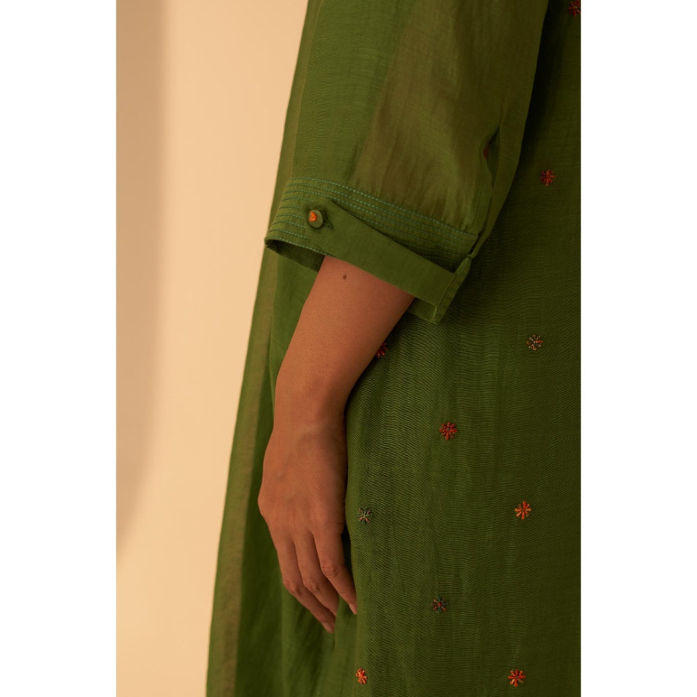 Janki India Elegant Green Embroidery Kurta with Pant and Dupatta with Slip (Set of 4)