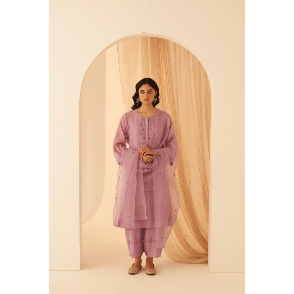 Janki India Floral Embroidered Lilac Kurta with Salwar and Dupatta with Slip (Set of 4)