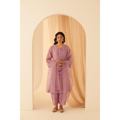 Janki India Floral Embroidered Lilac Kurta with Salwar and Dupatta with Slip (Set of 4)