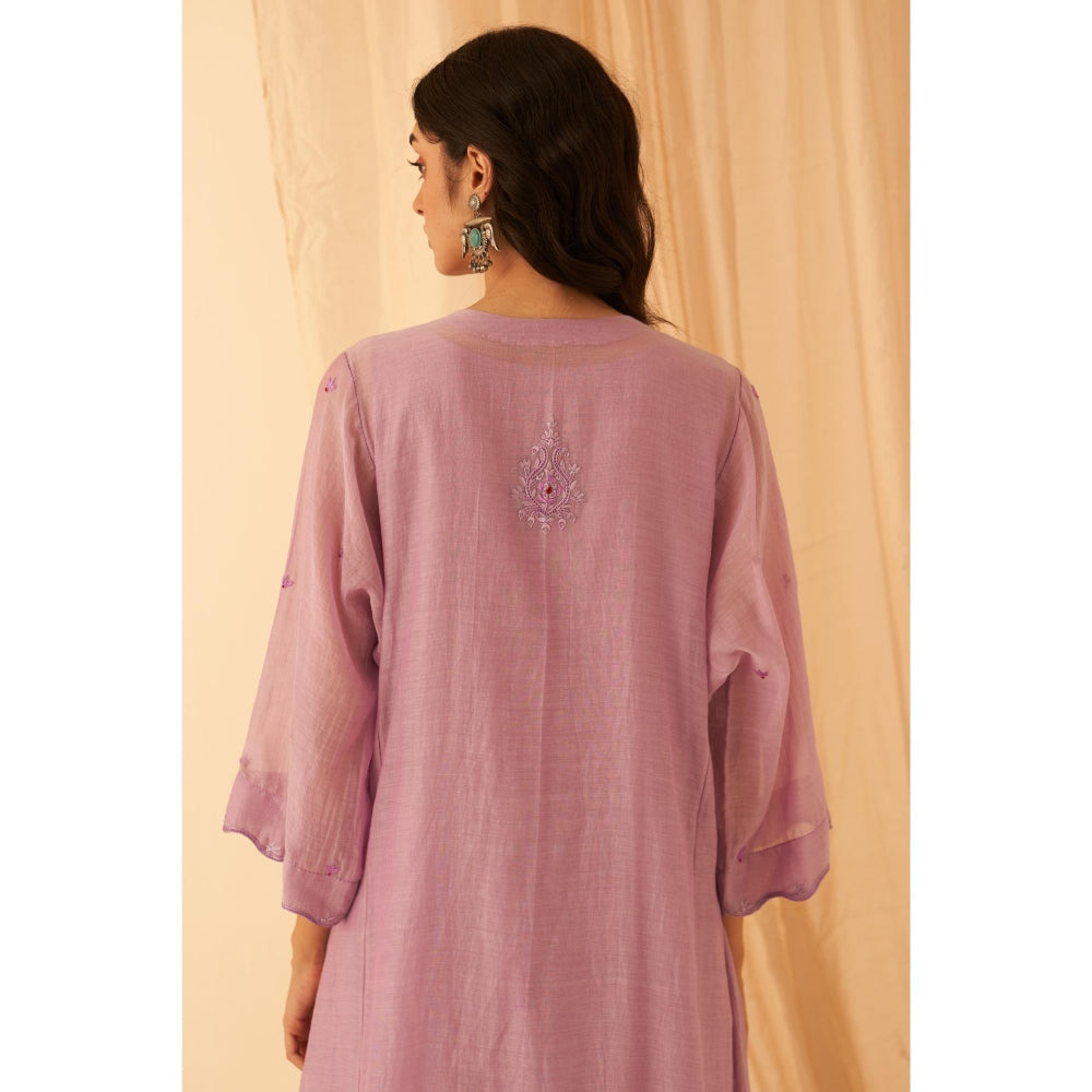 Janki India Floral Embroidered Lilac Kurta with Salwar and Dupatta with Slip (Set of 4)
