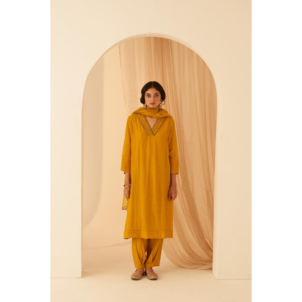 Janki India Mustard Chanderi Bullion Knot Embroidery Kurta with Pant and Dupatta (Set of 3)