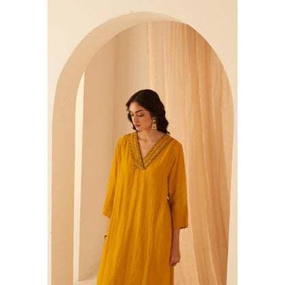 Janki India Mustard Chanderi Bullion Knot Embroidery Kurta with Pant and Dupatta (Set of 3)