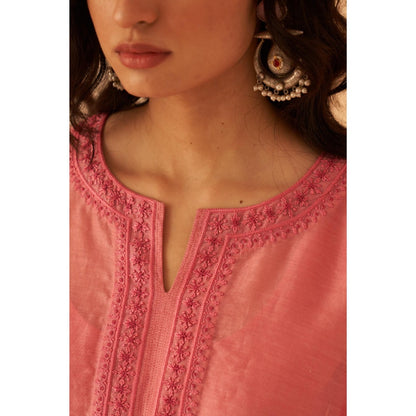 Janki India Pastel Pink Kurta with Pant and Dupatta with Slip (Set of 4)