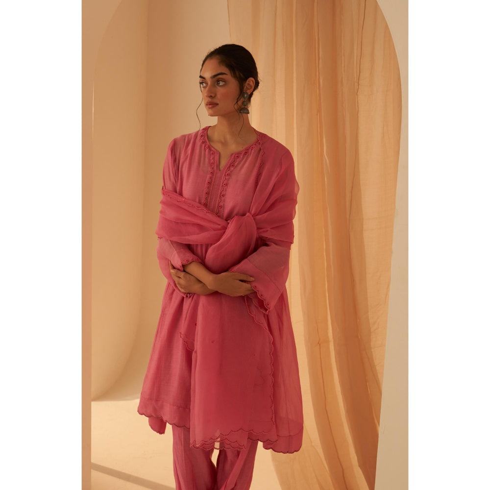 Janki India Exquisite Pink Chanderi Bullion Work Kurta with Pant and Dupatta (Set of 3)