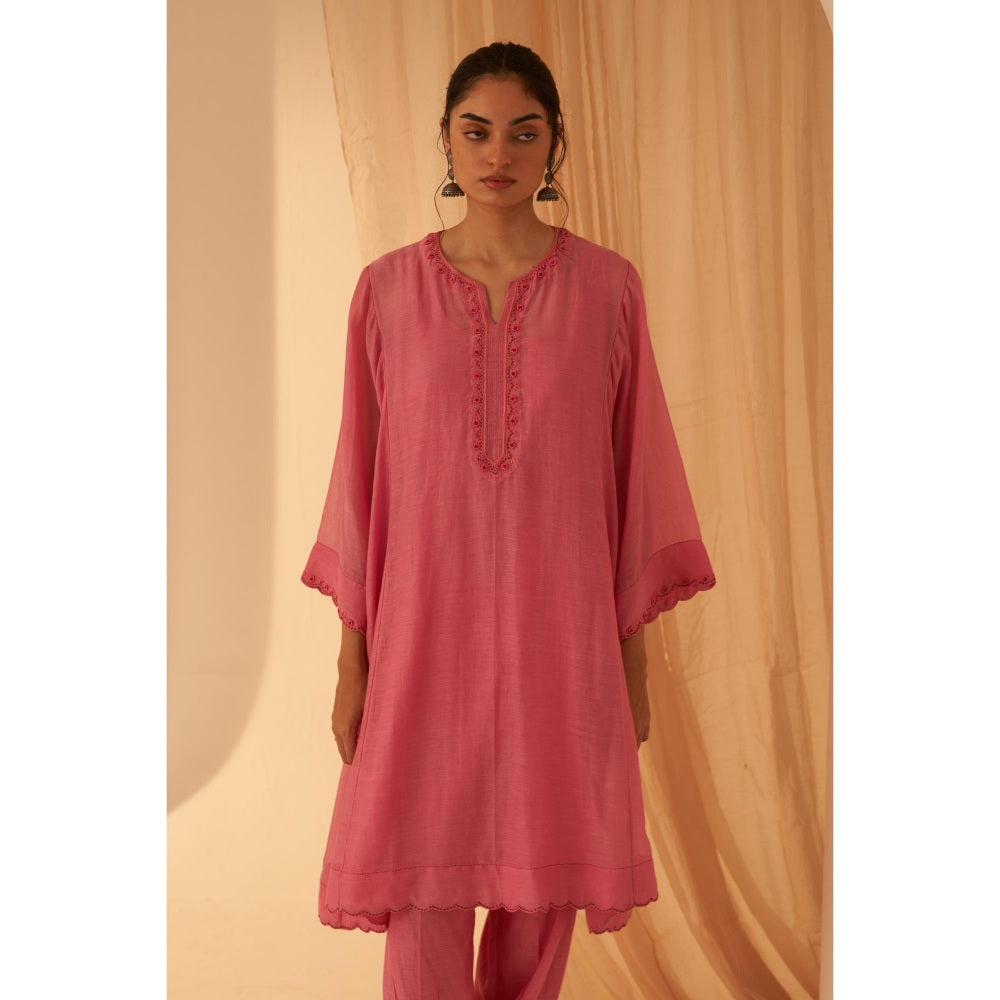 Janki India Exquisite Pink Chanderi Bullion Work Kurta with Pant and Dupatta (Set of 3)