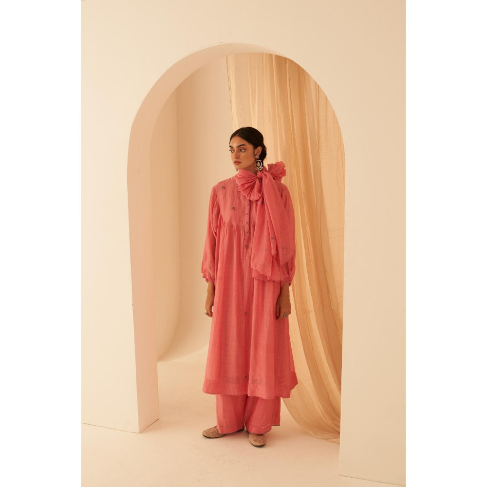 Janki India Pink Embroidery Kurta with Palazzo and Dupatta with Slip (Set of 4)