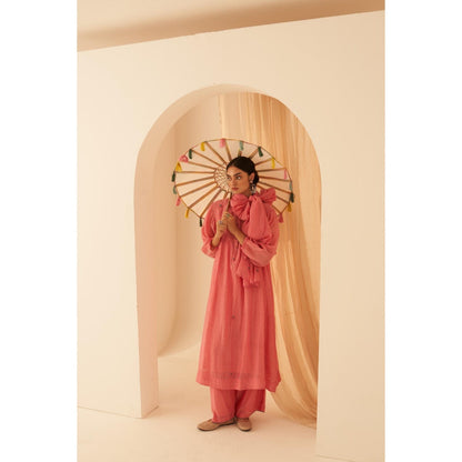 Janki India Pink Embroidery Kurta with Palazzo and Dupatta with Slip (Set of 4)