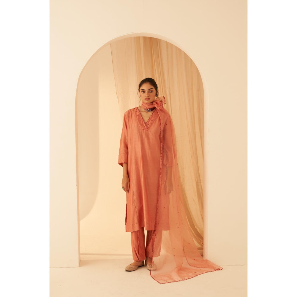 Janki India Peach Chanderi Floral Embroidery Kurta with Pant and Dupatta (Set of 3)