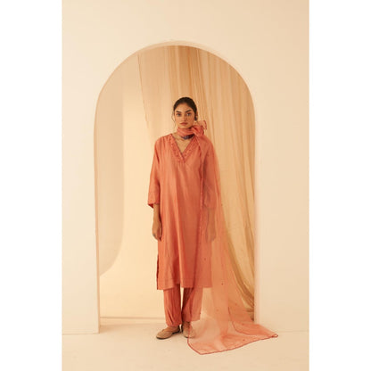Janki India Peach Chanderi Floral Embroidery Kurta with Pant and Dupatta (Set of 3)
