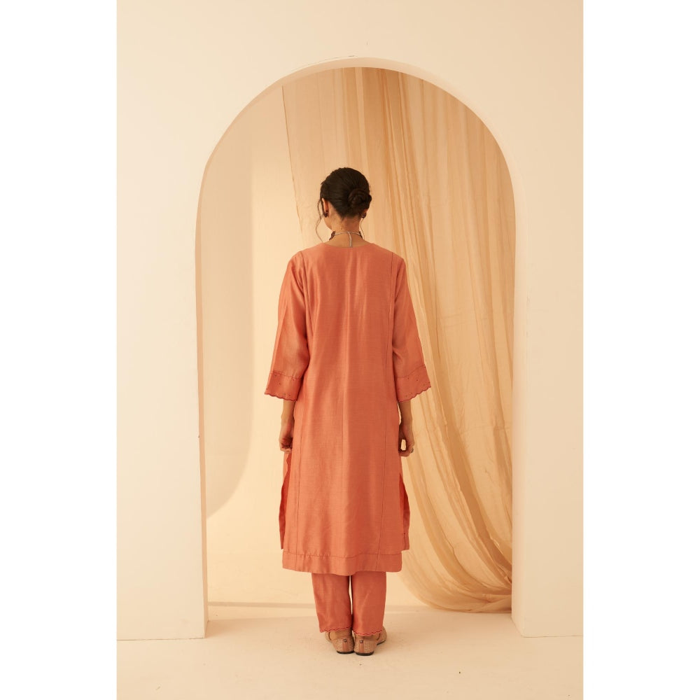 Janki India Peach Chanderi Floral Embroidery Kurta with Pant and Dupatta (Set of 3)