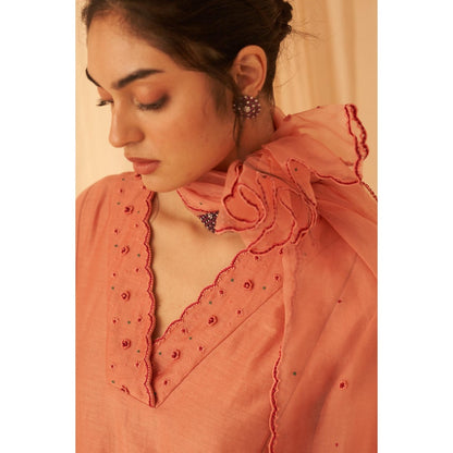 Janki India Peach Chanderi Floral Embroidery Kurta with Pant and Dupatta (Set of 3)