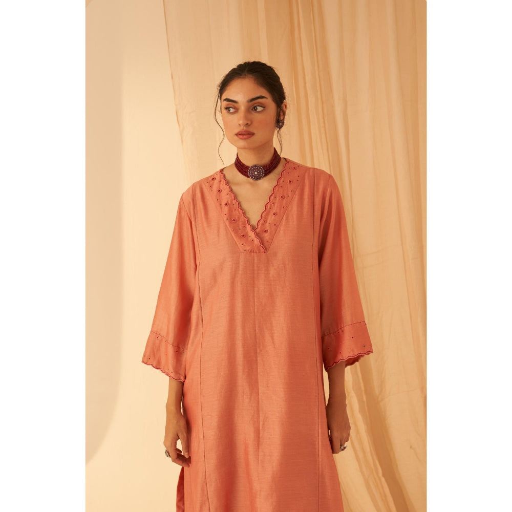 Janki India Peach Chanderi Floral Embroidery Kurta with Pant and Dupatta (Set of 3)