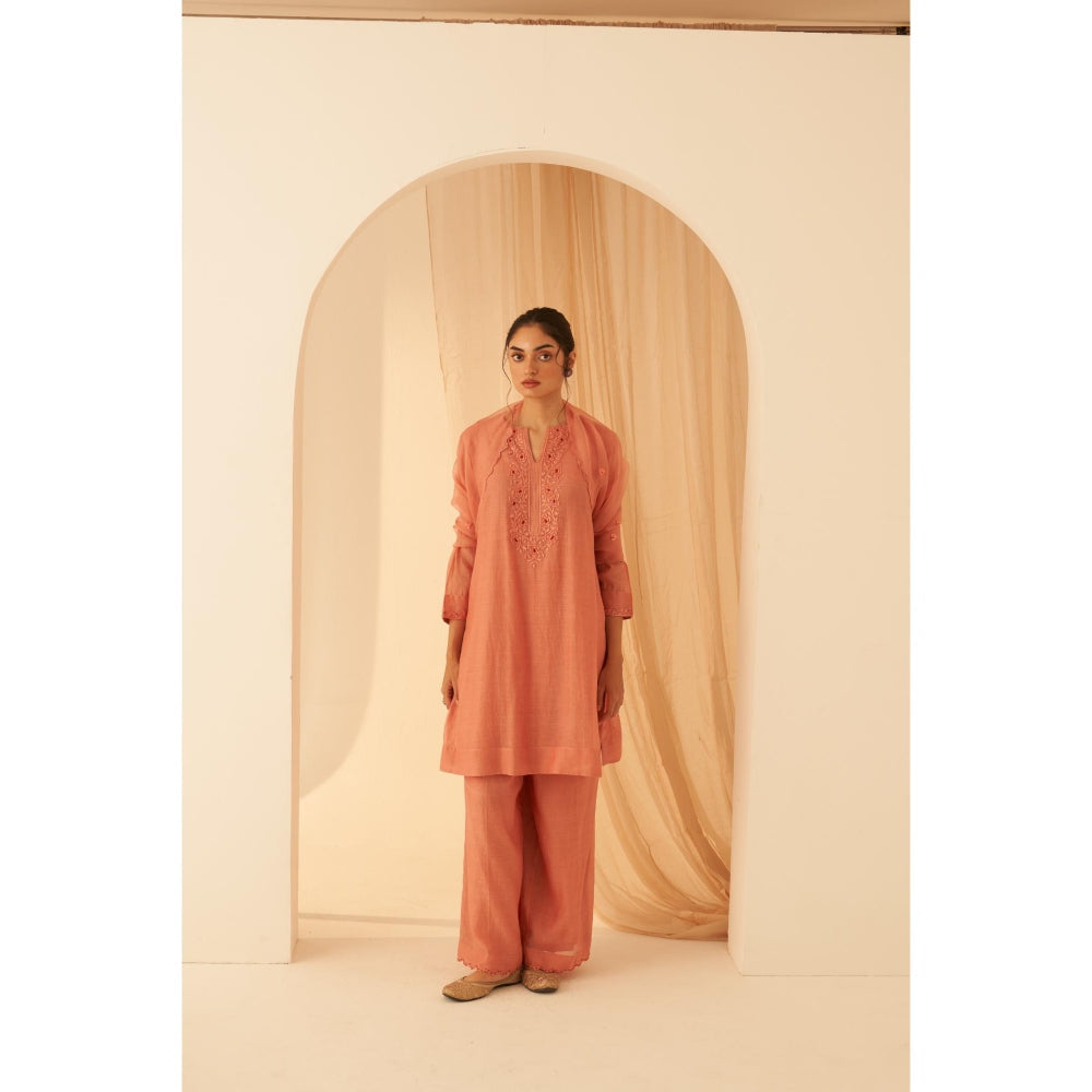 Janki India Timeless Peach Chanderi Floral Embroidery Kurta with Pant and Dupatta (Set of 3)