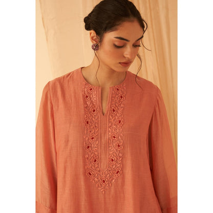 Janki India Timeless Peach Chanderi Floral Embroidery Kurta with Pant and Dupatta (Set of 3)