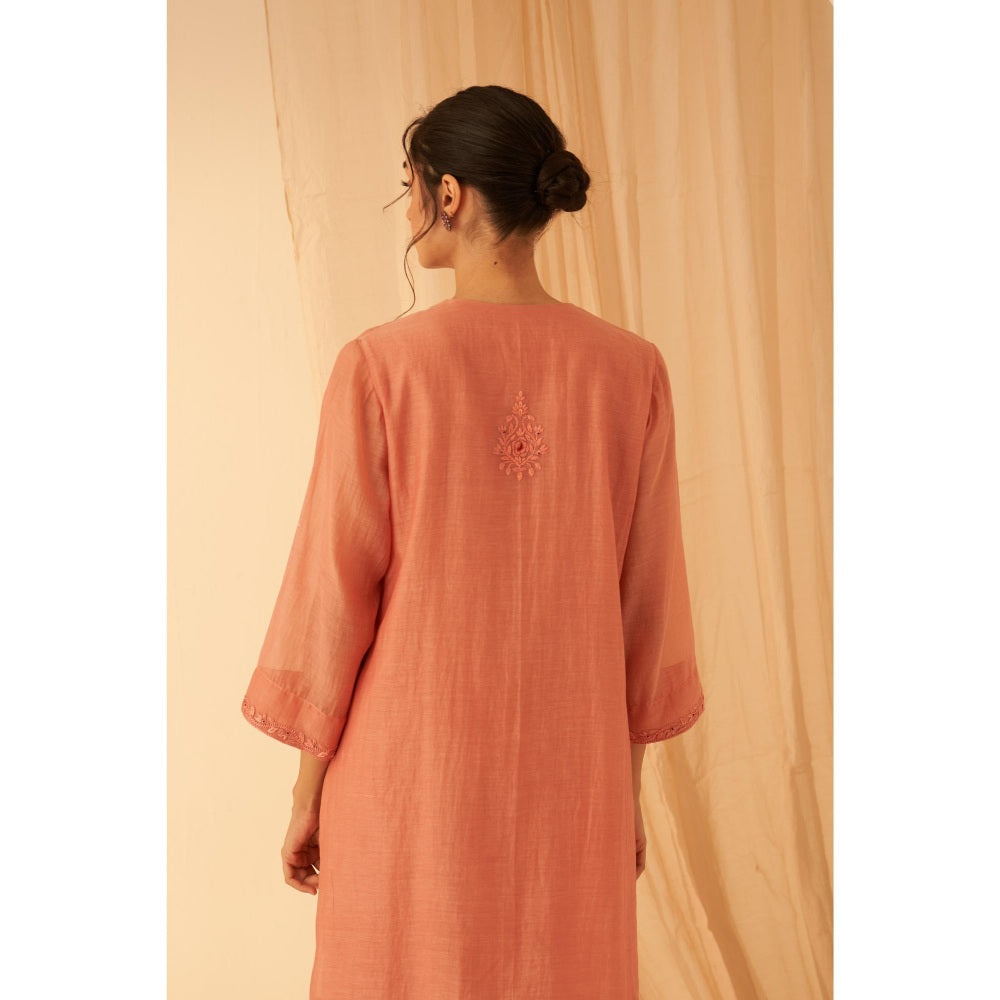 Janki India Timeless Peach Chanderi Floral Embroidery Kurta with Pant and Dupatta (Set of 3)