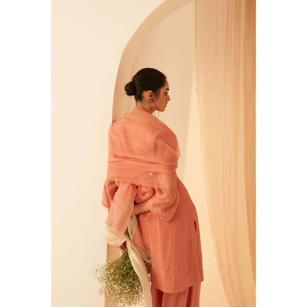 Janki India Timeless Peach Chanderi Floral Embroidery Kurta with Pant and Dupatta (Set of 3)