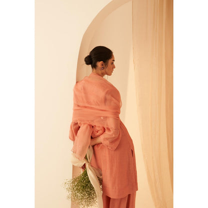Janki India Timeless Peach Chanderi Floral Embroidery Kurta with Pant and Dupatta (Set of 3)