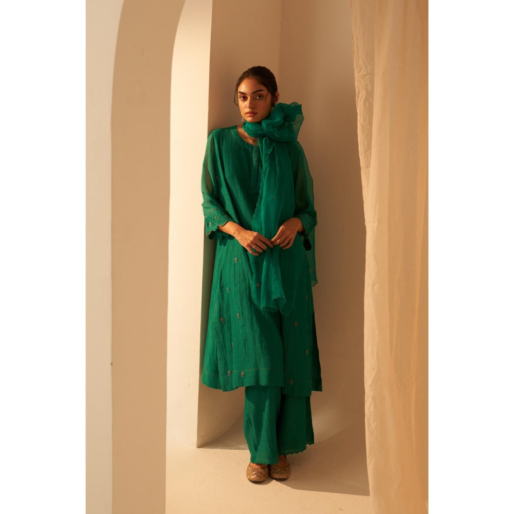 Janki India Rama Green Chanderi Floral Buti Embroidery Kurta with Pant and Dupatta (Set of 3)