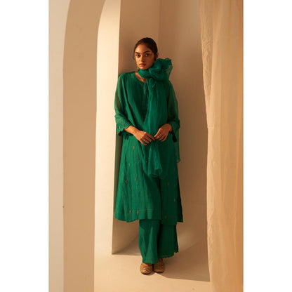 Janki India Rama Green Chanderi Floral Buti Embroidery Kurta with Pant and Dupatta (Set of 3)